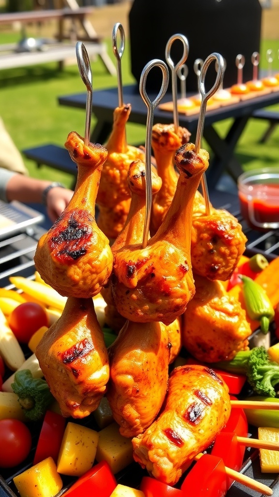 Grilled chicken drumsticks held on skewers, surrounded by vegetables on a sunny outdoor grill.